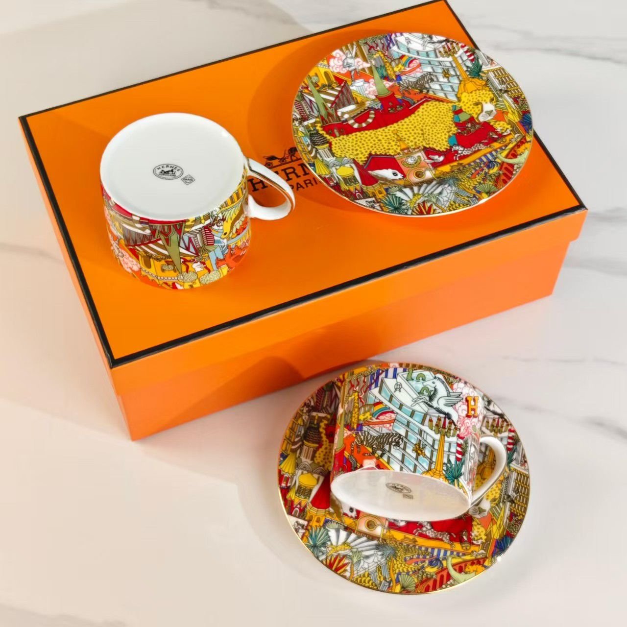 Hermes porcelain teacups and saucers with a "Forest Animals" pattern. Two cups. - Hermes Cups | Aleppo Gift UAE
